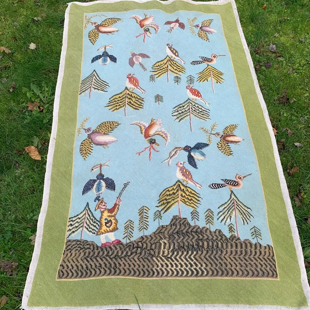 Vintage Needlepoint Colorful Bird and Hunter Tapestry